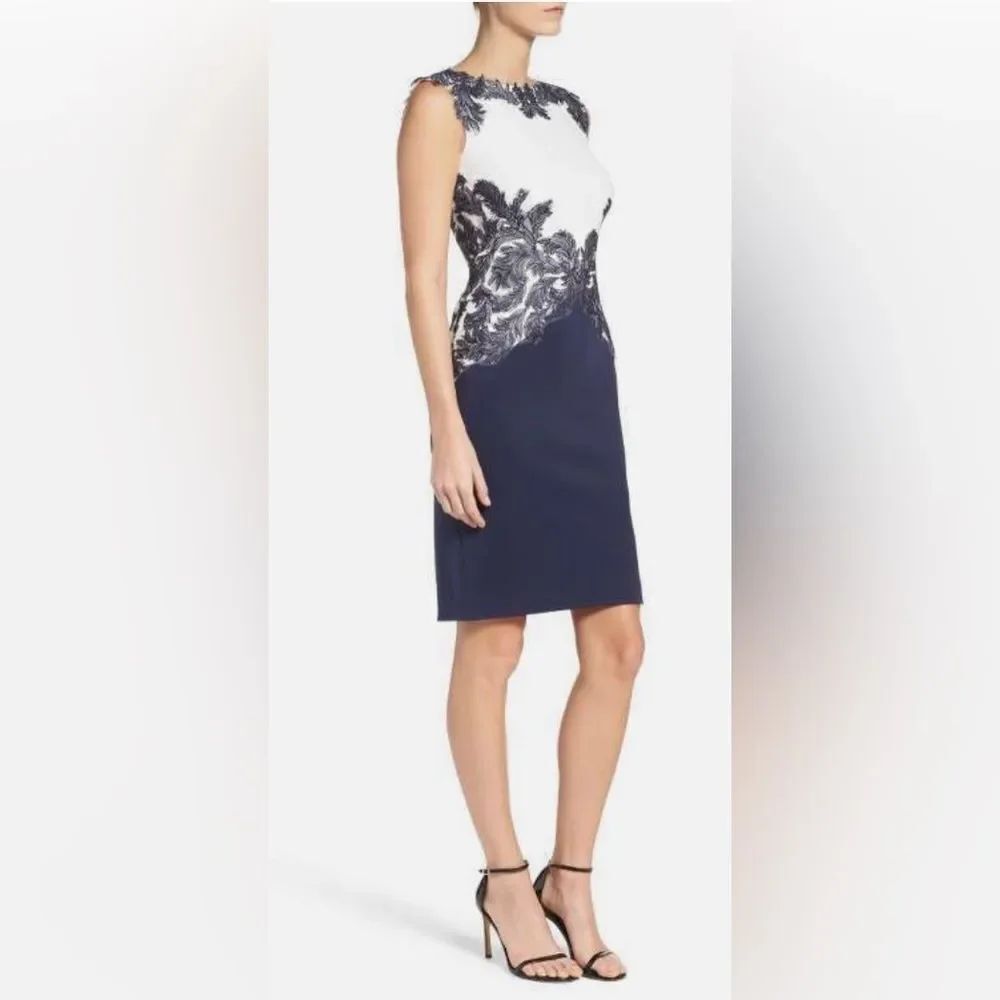 TADASHI SHOJI FEATHER APPLIQUÉ ROYAL NAVY/WHITE SHEATH DRESS size M - Picture 2 of 11
